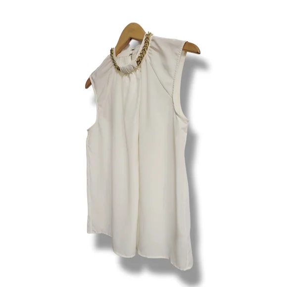 🌿Michael Kors Women's Small Ivory Chain-Neck Sleeveless Blouse - Elegant Classy - Picture 4 of 12